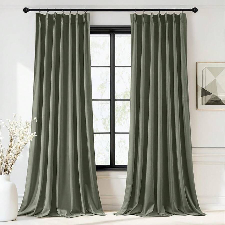Olive Green Pinch Pleated Curtains 96 Inches Long, Thermal Insulated Window Drapes With Hooks, Soft Track System Panels Living Room, W38 X L96, 2 Panels, Home Decor - 鼠尾草綠 - 查看 1