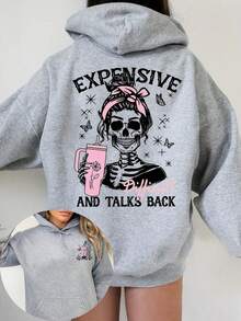 Plus Size Women Gothic Punk Style Loose Sweatshirt, Skull Print, Suitable For Daily Wear, Outings, Parties, School, Music Festivals, Vacations, Commuting And Other Occasions - Grey - View 1