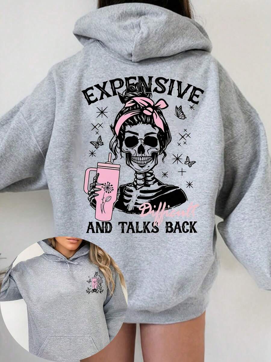 Plus Size Women Gothic Punk Style Loose Sweatshirt, Skull Print, Suitable For Daily Wear, Outings, Parties, School, Music Festivals, Vacations, Commuting And Other Occasions - Grey - View 1