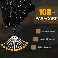 EstiloCooBigo - Cuerda De ParacaíDas De 1000 Libras, 4 Mm, 12 Hebras, 100 Pies, Reflectante, Color Negro, Paracord Para Bricolaje, Pulsera/Cordones, Tienda De CampañA, Senderismo, Supervivencia U OtrosVersióN Mejorada - Negro reflectante - Ver 9
