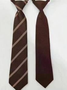 2pcs Handmade Solid Color & Diagonal Stripe Combination Polyester Necktie, Unisex For Students & Adults, Suitable For Various Occasions Such As Daily Wear, School Uniform, And Business Suit - Brown - View 5
