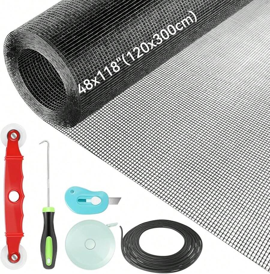 CXJYSD Kit De Reparación De Malla De Fibra De Vidrio Resistente Con Herramientas,Repelente De Insectos Para Ventanas,Puertas,Patios Y Porches. (Negro, 48x118(120x300cm)) - Negro - Ver 1