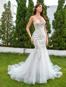 YOUKEFEIER [2025 New] Strapless Mermaid Wedding Dress, Sheer Mesh, Waist-Cinching Silhouette, Trailing Design, Bridal Gown/Reception Dress, Suitable For Wedding Ceremony & Evening Banquet - Beige - View 8