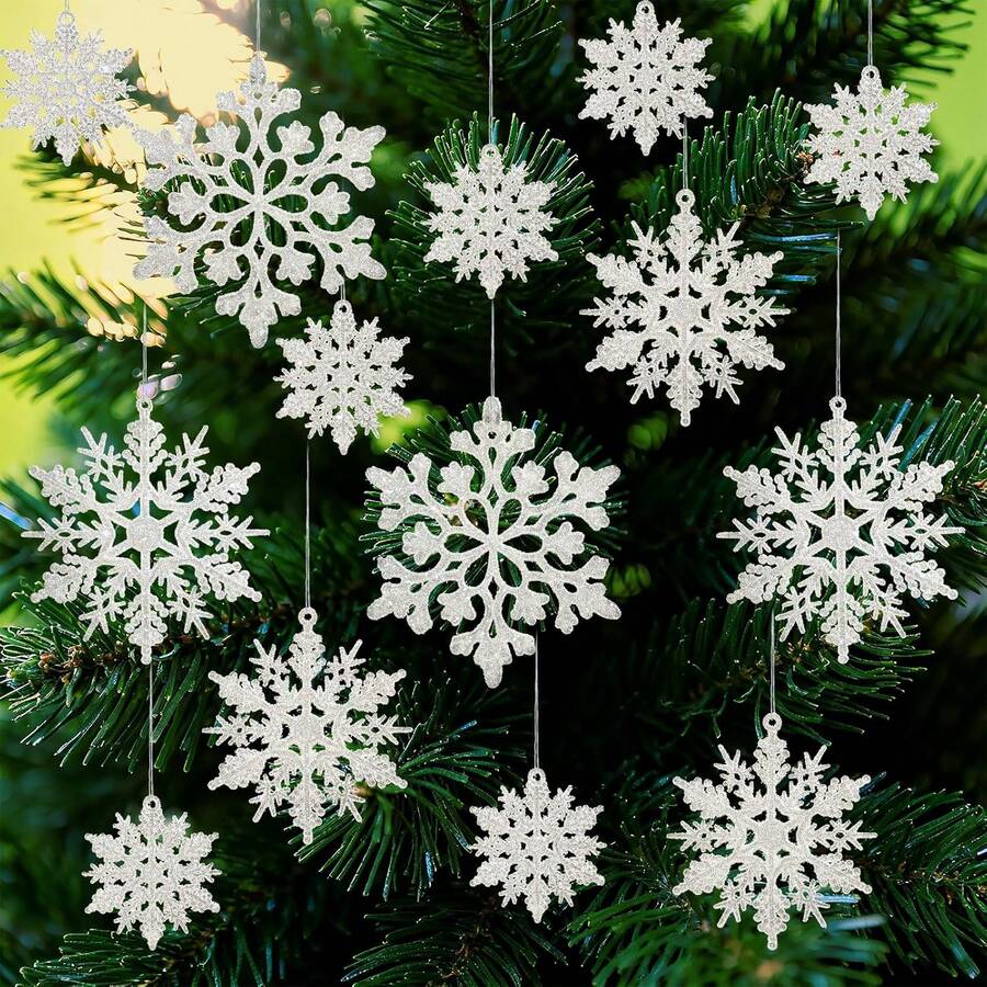 50 copos de nieve,Decoraciones para árbol de Navidad, adornos de copo de nieve para árbol,adornos de copos de nieve blancos con purpurina Decoración de Árbol de Navidad Chimenea de Techo Interior - Blanco - Ver 1