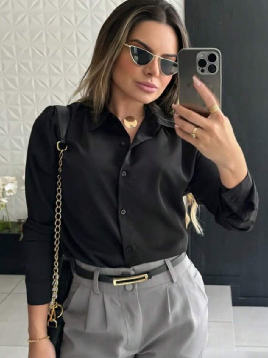 Slim Long Sleeve Shirt | Blouse | Evangelical Fashion | Women's Blouse | Formal Wear From Sizes M To XL | Women's Work Shirt - 黑色 - 查看 1