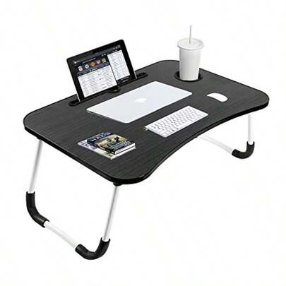 Portable Folding Laptop Desk For Bedwith IPad And Cup Holder Adjustable Lap Tray Notebook Stand Foldable Non-Slip Legs Reading Table Tray For Working Studying Camping 60x40x28cm Black