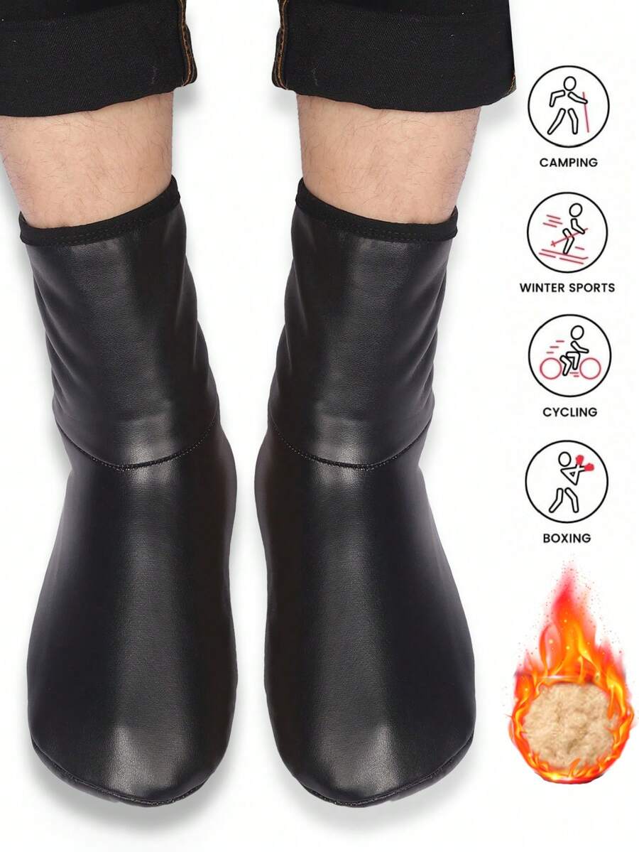1 Pair Thermal Lined Waterproof Anti-Slip PU Leather Socks, Warm Snow Boots Socks, Indoor Floor Socks - Black - View 1