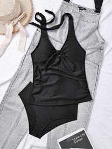 2pcs Black Spaghetti Strap Crop Top And Triangle Tankini Swimsuit Set - Black - View 8