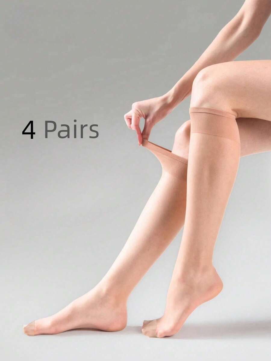 4pairs/Set Women's Semi-Transparent Skin-Color Nylon Stockings, Suitable For Daily Wear, Fashionable And Versatile, Cozy Socks - Apricot - View 1
