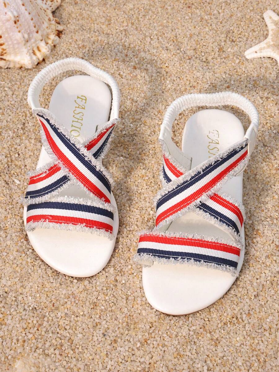 夏季新款女童软底平底沙滩凉鞋，儿童平底凉鞋，条纹流苏凉鞋，时尚交叉绑带 - 彩色 - 查看 1