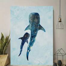 Impresión de arte mural en lienzo de una pieza plana 2D de la familia de tiburones ballena - Póster moderno retro de vida marina con marco de madera y decoración simple, adecuado para sala de estar, dormitorio, cocina, oficina - Retrato familiar de tiburones ballena nadando, decoración de tiburones ballena - Multicolor - Ver 10