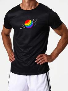 Men's Short Sleeve T-Shirt With Colorful Planet Graphic, Comfortable And Stretchy Fashionable Summer T-Shirts, Casual Everyday Wear - 黑色 - 查看 6
