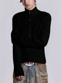 New Autumn/Winter Men's Casual Slim Fit Minimalist Stylish Mandarin Collar Ribbed Zip-Up Long Sleeve Sweater Jacket, Neutral White Knit Cardigan Top - Black - View 3