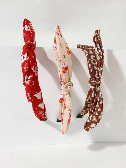 3pcs Girls Fashion Snowflake & Santa Claus Print Fabric Headbands, Versatile Bow Ear Headwear Hair Accessories
