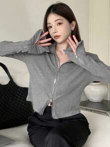 Women's Solid Color Stand Collar Fishbone Short Jacket, Slim Fit Zip-Up Long Sleeve Top - Grey - View 5