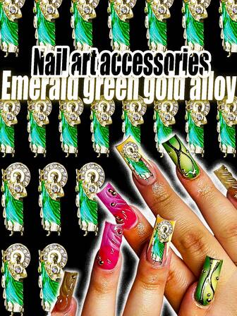 10 piezas Conjunto encantador de figuras religiosas con esmeraldas, aleación dorada, brillo y rhinestones en relieve. Accesorios de joyería de uñas de metal de lujo. Base de aleación. Estilo Y2K para chicas modernas. Decoraciones de arte de uñas 3D con rhinestones. Decoraciones de uñas japonesas. Accesorios de uñas DIY sin olor.