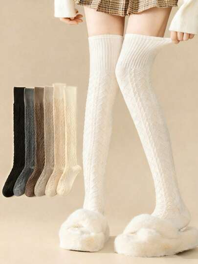 1/2/3 pares de calcetines muslo alto multicolor para mujer, calcetines gruesos de punto de cable con relieve vintage que llegan por encima de la rodilla, calentadores de piernas estilo japonés, versátiles para primavera, otoño/invierno