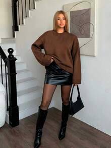 女士时尚长袖针织毛衣，柔软宽松版型，秋冬新品 - 摩卡棕 - 查看 4