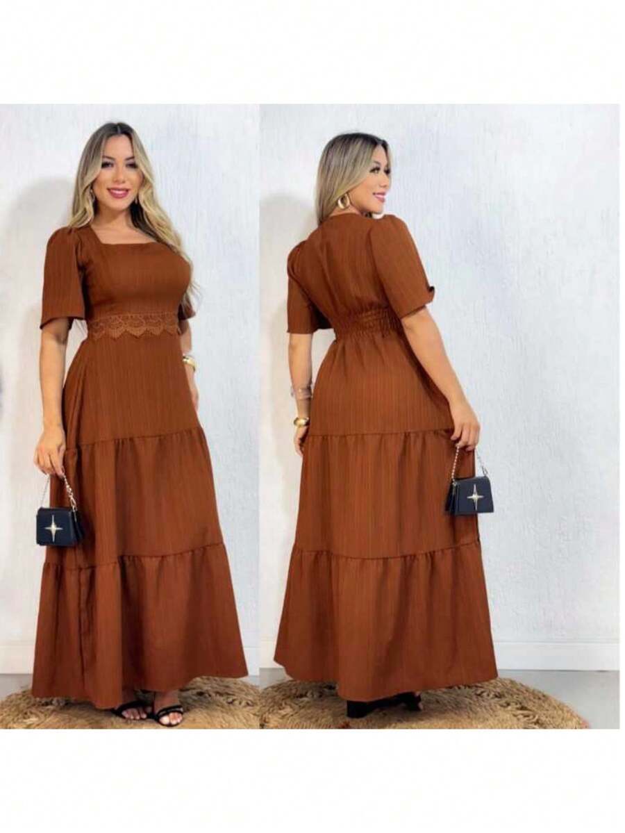 Long Evangelical Dress, Duna Onda Brand, With Princess Sleeves, Lace At The Waist And Elastic At The Back. - 鏽棕色 - 查看 1