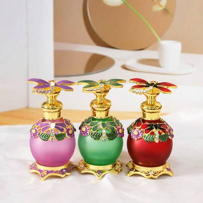 15ml Glass Round Ball Bottle With Dragonfly Rhinestone Decor, Refillable Essential Oil Dropper Bottle, Personal Care Perfume Decanting Bottle, Home Decor, Women's Holiday Gift, Elegant Accessory, High-Quality Cosmetic Tool, Travel Essentials (Perfume Not Included)