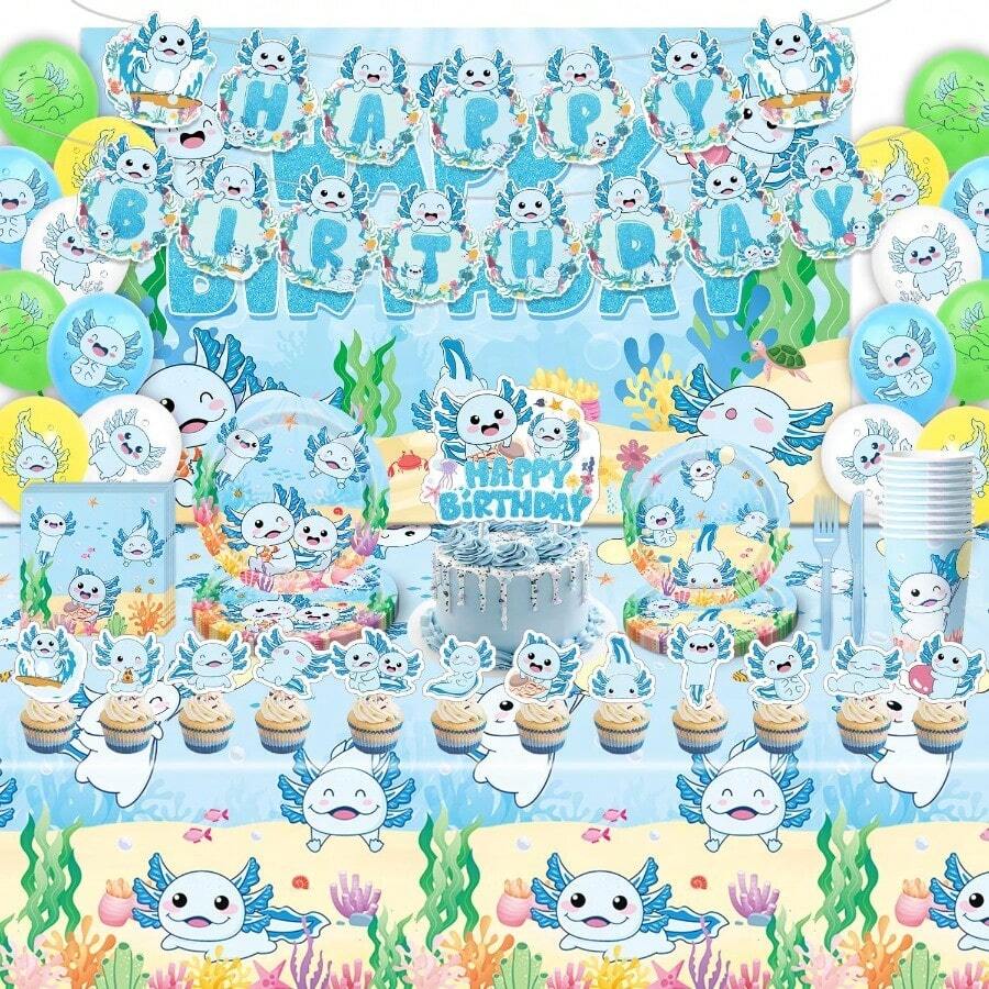 D114Pcs Blue Axolotl Birthday Party Plies Include Banner-Backdrop-Balloons-Cake Topper-Cupcake Toppers-Tableware-Plates-Napkins-Cups-Cutlery-Tablecloth For Blue Axolotl Party Decorations - 藍色 - 查看 1