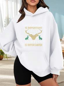 Fashionable Outdoor Hooded Sweater For Women. Black Hoodie With Deer Print And The Text "Education Is Important But Hunting Is More Important." Perfect For Outdoor Activities, Dates, Or Holiday Gifts. - 白色 - 查看 1