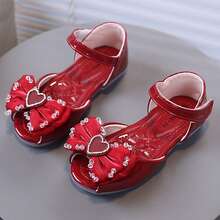 1 Pair Toddler Girls' Fashionable Flat Sandals, Elegant & Versatile Open Toe Princess Sandals - Red - View 7