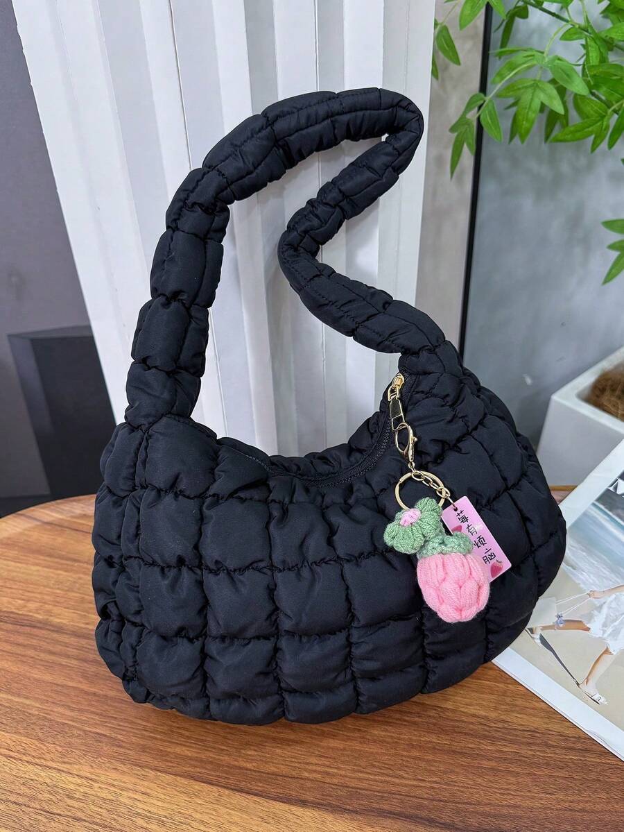 休闲日常拉链大容量女士单肩包 - 黑色 - 查看 1