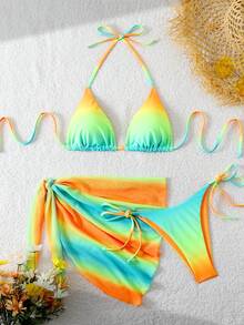 渐变色系带比基尼套装，沙滩度假 - 彩色 - 查看 1