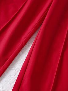 2pcs/Set Girls Elegant Puff Sleeve Round Neck Top And Casual Straight Leg Pants Outfit, Spring/Summer - Red - View 8