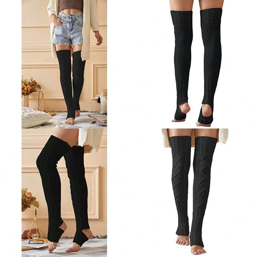SherryDC Women's Cable Knit Thigh High Leg Warmer Socks Over Knee High Footless Boot Stockings - 黑色 - 查看 1