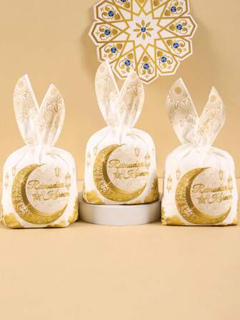 50 个/包开斋节穆塑料礼品袋，兔耳设计金色星星月亮图案斋月礼品包装袋，斋月家居装饰品斋月卡里姆，伊斯兰穆斯林派对用品，节日配饰，礼品包装袋