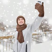 Winter Beanie Hat Gloves Scarf Set For Men Warm Fleece Knitted Hat Scarf Touchscreen Gloves And Wool SocksMen Gloves Set - Khaki - View 4