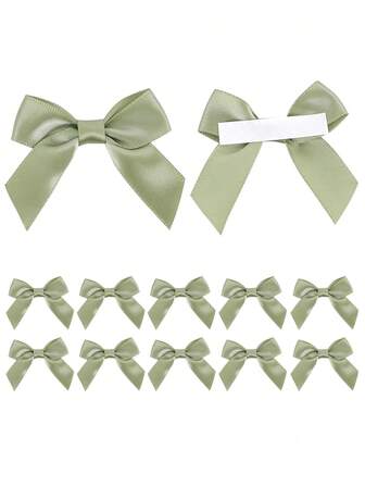 10pcs/20pcs/50pcs Sage Green Satin Bow Ribbon, Self-Adhesive Satin Bow Tie Ribbons, Pre-Made Ribbon Bows With Double-Sided Tape, Crafts, Cake, Snack Bags, Wedding Bride Gifts, Birthday Party Decorations