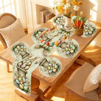 1/7pcs New Spring/Summer Easter Elegant Lace Tablecloth & Placemats Set, Rabbit & Floral Digital Print - Polyester Seasonal Home Kitchen Dining Decor, Multiple Sizes Available, Durable Easter Themed Decoration Suitable For Holiday Family Gatherings, Parties