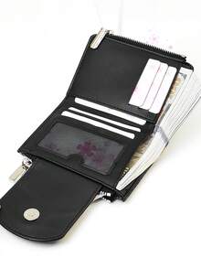 Women's Short Wallet, Woven Texture Soft Refined PU Wallet, Fashion Snap Closure Double Zipper Large Capacity Multi-Function Wallet Card Holder, Lightweight Minimalist Clutch Suitable For Holiday Gifts - Black - View 2