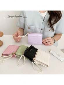 YUQING.FC Cartera de mano Cartera plegable con cadena de perlas falsas con relieve de cocodrilo, de estilo coreano minimalista de moda, para mujer, como regalo de cumpleaños 307-50B - Negro - Ver 8