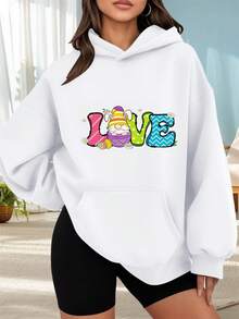 Fashionable Outdoor Hooded Sweater For Women. Black Hoodie With Easter Bunny Print And Vibrant LOVE Lettering For Everyday Wear, Social Occasions, Spring And Summer. Perfect For Dates, Holiday Gifts, And More. The Best Choice For A Date Night. - 白色 - 查看 1