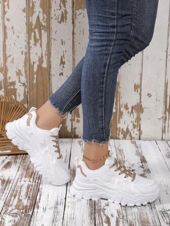 New Round Toe Lace-Up Patchwork Solid Color Fashion Versatile Thick Sole City Outdoor Women Sports Shoes