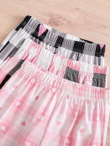 3款女童休闲格子裤，心形图案，宽松阔腿裤，柔软舒适，适合春秋季年轻女孩穿着。 - 彩色 - 查看 6