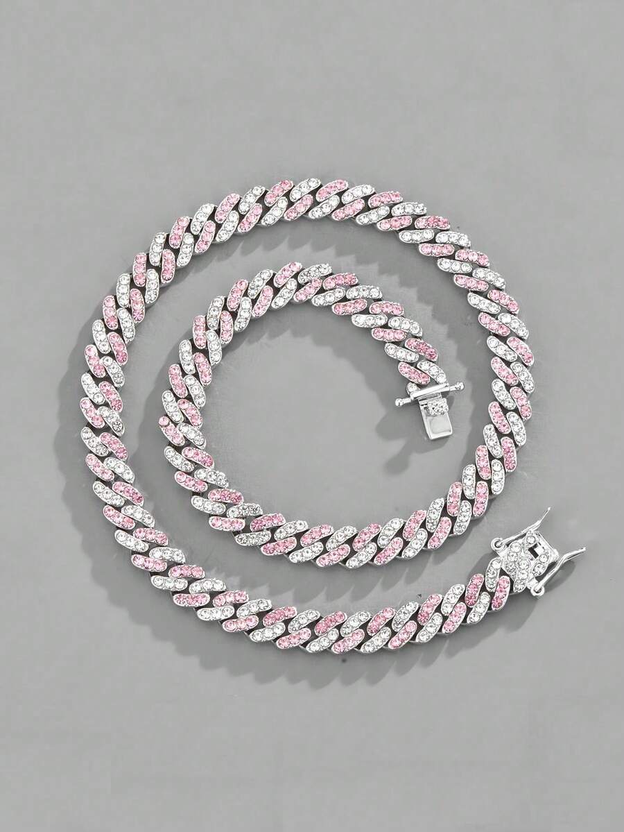 1pc Silver/Blue/Pink Shiny Miami Chain Unisex Iced Out Miami Necklace, Colorful Hiphop Y2K Accessories For Men