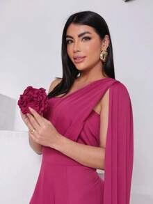 Women's Long Party Dress, One Shoulder, Draped With Slit – Elegant Fluit Fabric For Bridesmaids, Weddings, And Graduations – One Size Fits All. Elegant Asymmetrical Party Dress For Weddings. - 玫瑰紅 - 查看 3