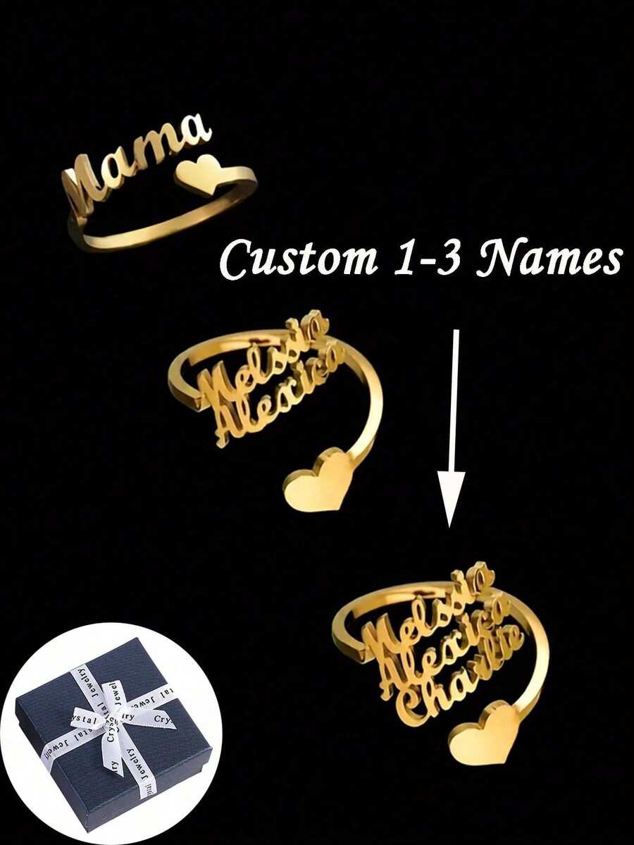 1 pieza Anillo con forma de corazón personalizado con múltiples nombres, anillo ajustable de acero inoxidable personalizado con 1-3 nombres, accesorios de moda para mujer, anillo de apellido único, joyería personalizada de moda, adecuado para uso diario, Día de la Madre, cumpleaños, Halloween, regalos de Navidad - Multicolor - Ver 1