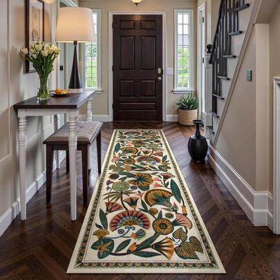 1pc Vintage Tropical Floral Contrast Color Long Runner Rug, Beige Kitchen Artistic Style Mat, Vintage Artistic Home Decor Hallway Carpet, Floral Home Decor Long Rug, European Style Corridor Decorative Mat, Home Decor Carpet
