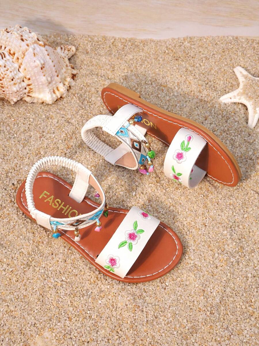 女童夏季刺绣平底凉鞋，波西米亚风，软底防滑沙滩鞋，新款时尚童鞋 - 白色 - 查看 1