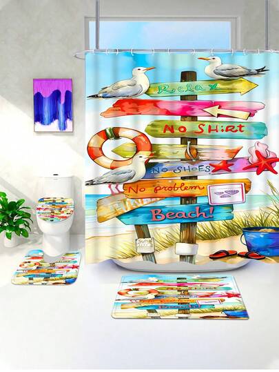 1/4pcs Colorful Beach-Themed Bathroom Set, Including Shower Curtain, Toilet Mat, Floor Mat, Etc. Featuring Relaxing Beach Signage And Coastal Elements Like Seagulls And Life Rings. Suitable For All Seasons And Holidays, Brings A Laid-Back Vacation Vibe To Bathroom Decor. Great For Refreshing Bathroom Space Or As A Summer Gift.
