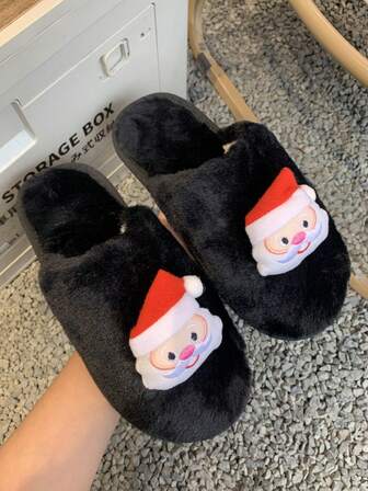 Women's Slip-On Fluffy Holiday Black House Slippers, Fashionable Outdoor Wear Cute Warm Slippers, Santa Claus Funny Slippers
