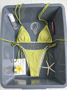 Conjunto de bikini de 2 piezas sexy para mujer Suntide - Tela de jacquard verde aguacate con decoración de cuentas degradadas blancas, traje de baño para fiesta de playa, vacaciones de primavera - Verde Lima - Ver 5