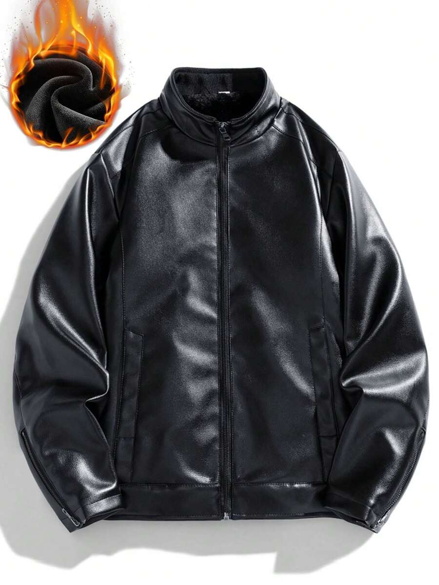Jaket Kulit PU Pria Kerah Tegak Berlapisan Termal Lengan Panjang Warna Polos dengan Resleting Depan - Hitam - View 1
