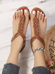 New Fashionable High-Heeled Sandals In 2026- Comfortable And Thickened Sole, Artificial Leather Fabric Coat And Plastic Sole, All Season Leisure Fried Dough Twists Braid Sandals, Black Comfortable Shoes - Brown - View 6
